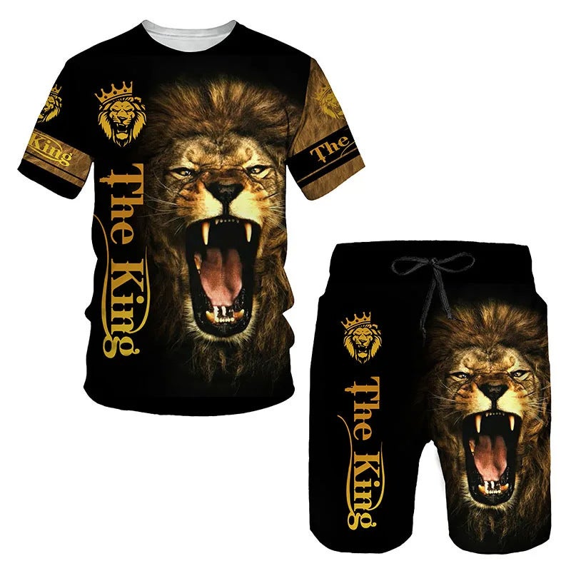 2024 Temu Summer New 3D Printing Men'S Casual Lion Suit Short Sleeve Short Pants Cover - Image 3